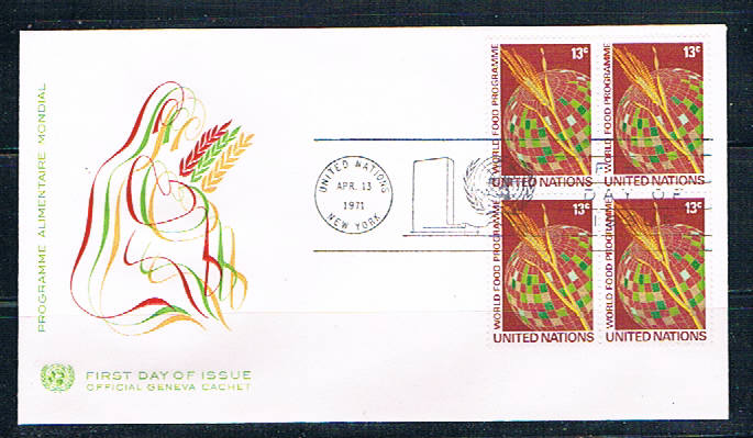 Buy UN 218 FDC Blk 4 no selvage NY Wheat Geneva Cachet 1971 (UNCV0357)+